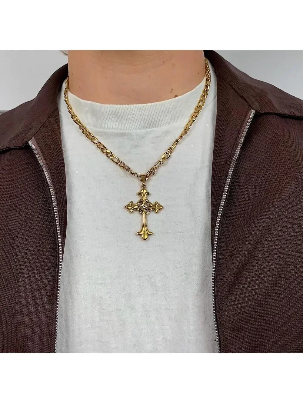 Y2K Gold Stainless Steel Cross Pendant Stone Necklace 20 Inch Unisex